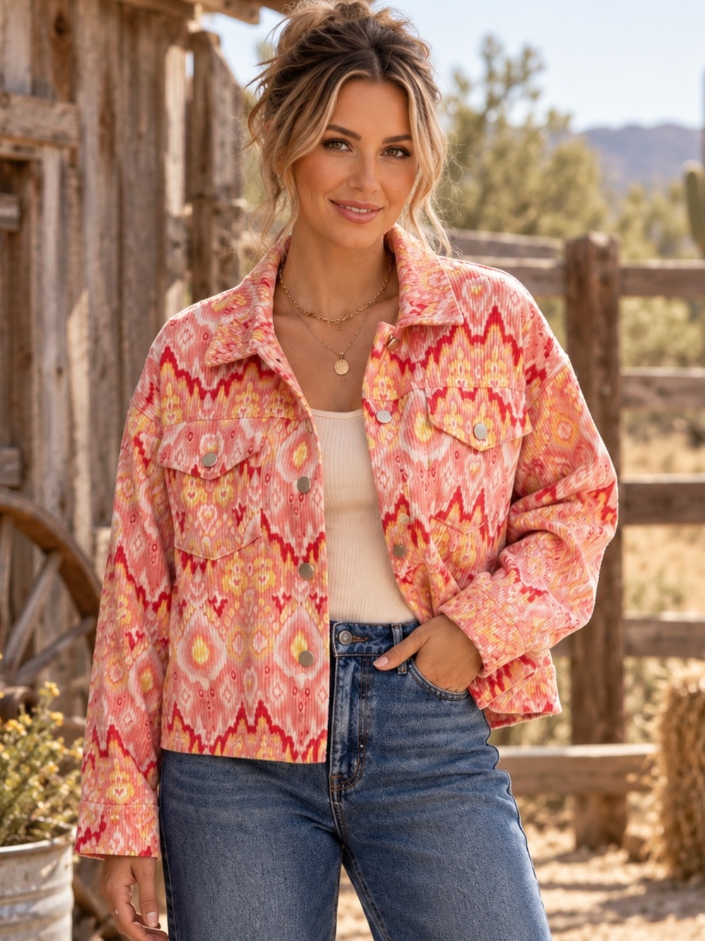 164 NWT Savanna Jane Pink Patterned Jacket with Yellow Accents Oversized Small